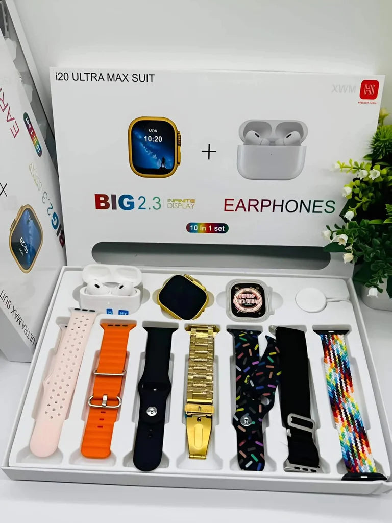 I20 Ultra 2 Max Suit Smart Watch – 10 Straps + Earbuds | 10-in-1 Gift Box | Free Delivery All Over Pakistan